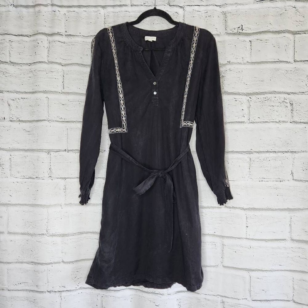 Garnet Hill Long Sleeve Fit Flare Dress 100% Tencel Embroidered Black Womens 10
